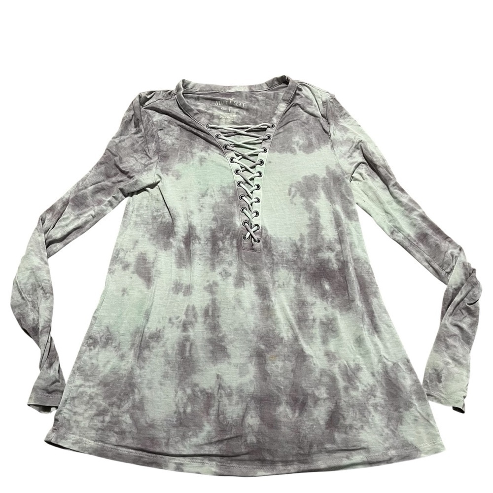 Y2K American Eagle Outfitters Gray Tie dye Lace front top long sleeve 2000s
